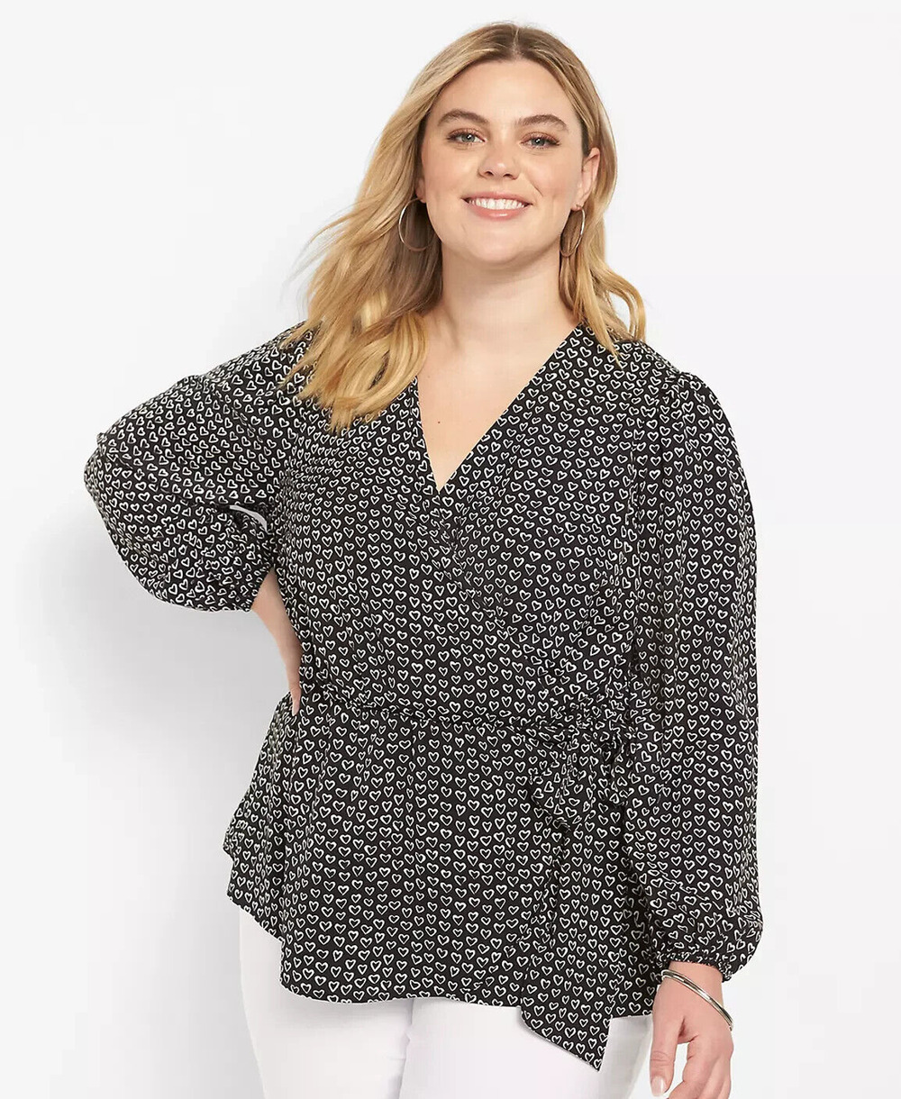 Lane Bryant Women sz 24 Black Wrap Blouse Peplum White Heart Print Long Sleeves